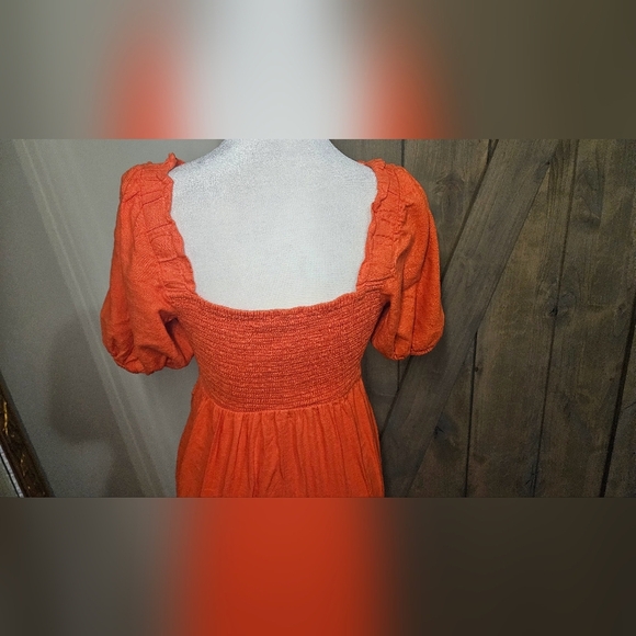 LUSH Orange/Red Linen Blend Front Tie Short Puff Sleeve Front Midi Dress.Size S - Picture 15 of 16